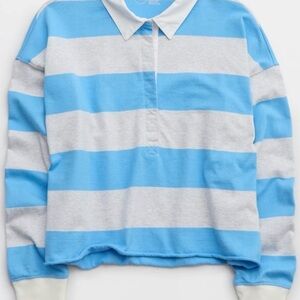 Aerie Blue and White Striped Polo Top Slightly Cropped